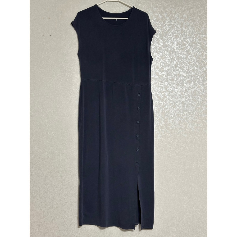 Garnet Hill Asymmetrical Side Button Tencel Lyocell Midi Dress Navy Blue Sz L